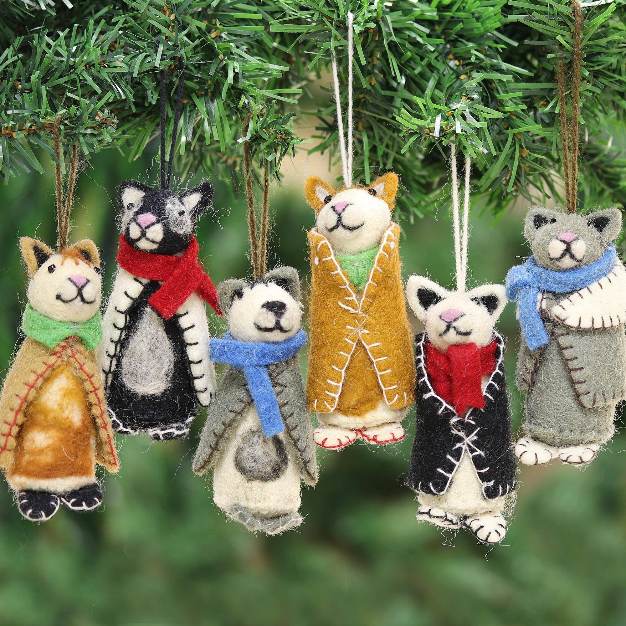 Handmade Felted Wool Cat Ornaments - Set of 6 Holiday Decor