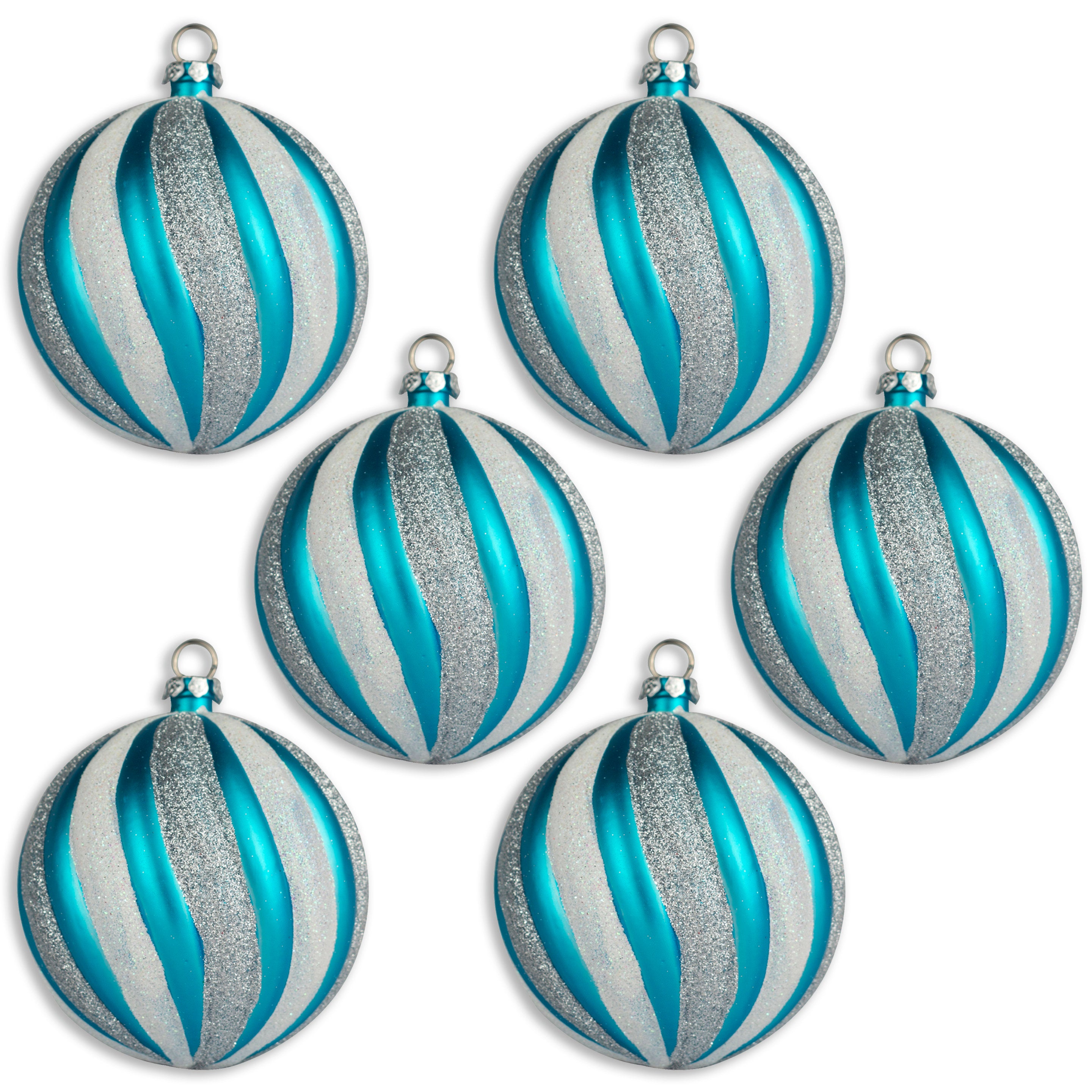 6-Piece Glitter Ball Ornament Set - Aqua & Silver Christmas Decor