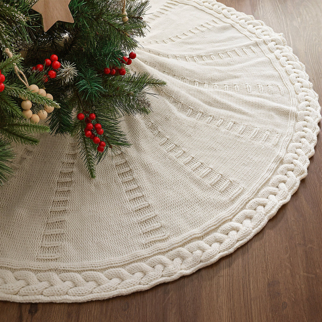 48-Inch Cable Knit Christmas Tree Skirt - Rustic Off-White Decor
