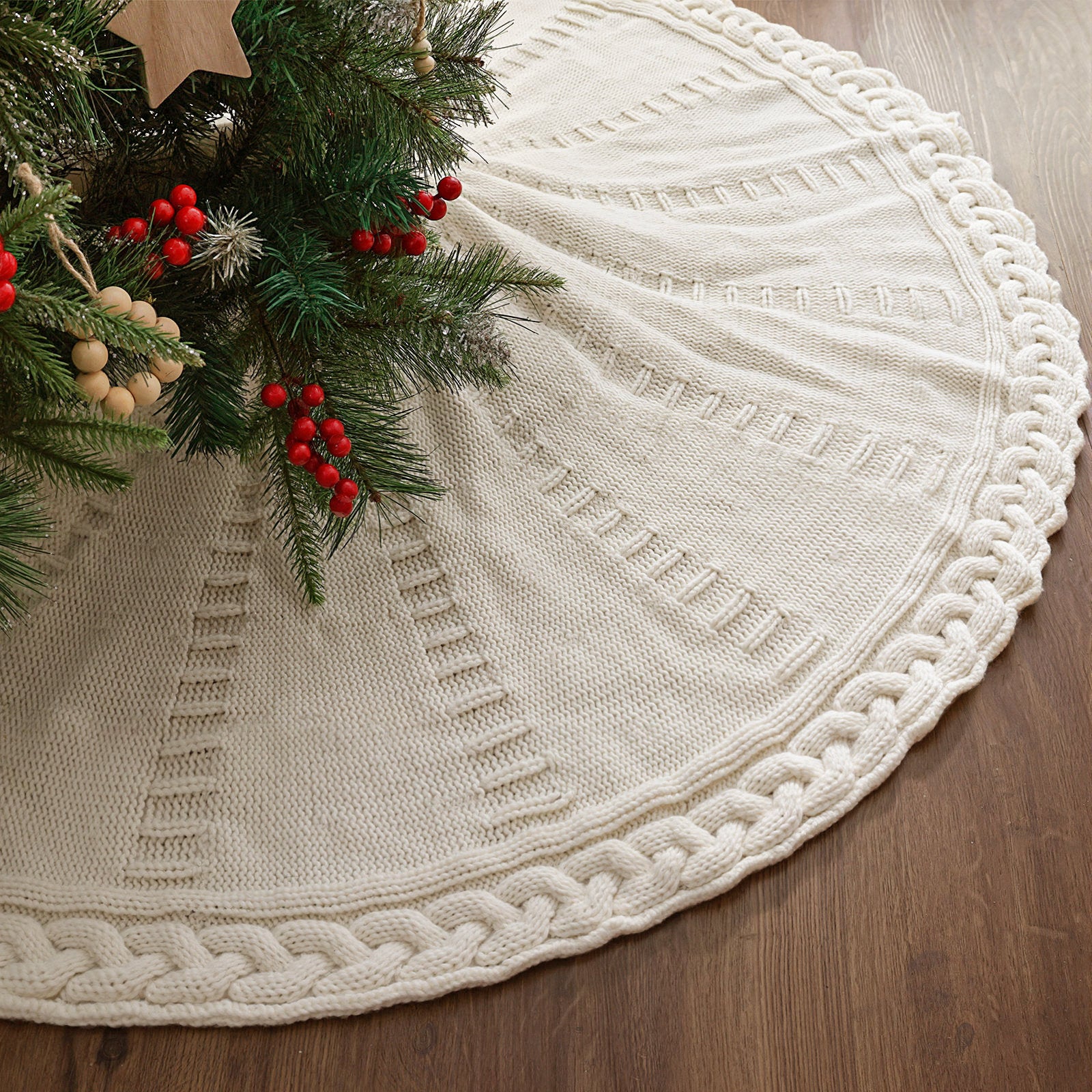 48-Inch Cable Knit Christmas Tree Skirt - Rustic Off-White Decor