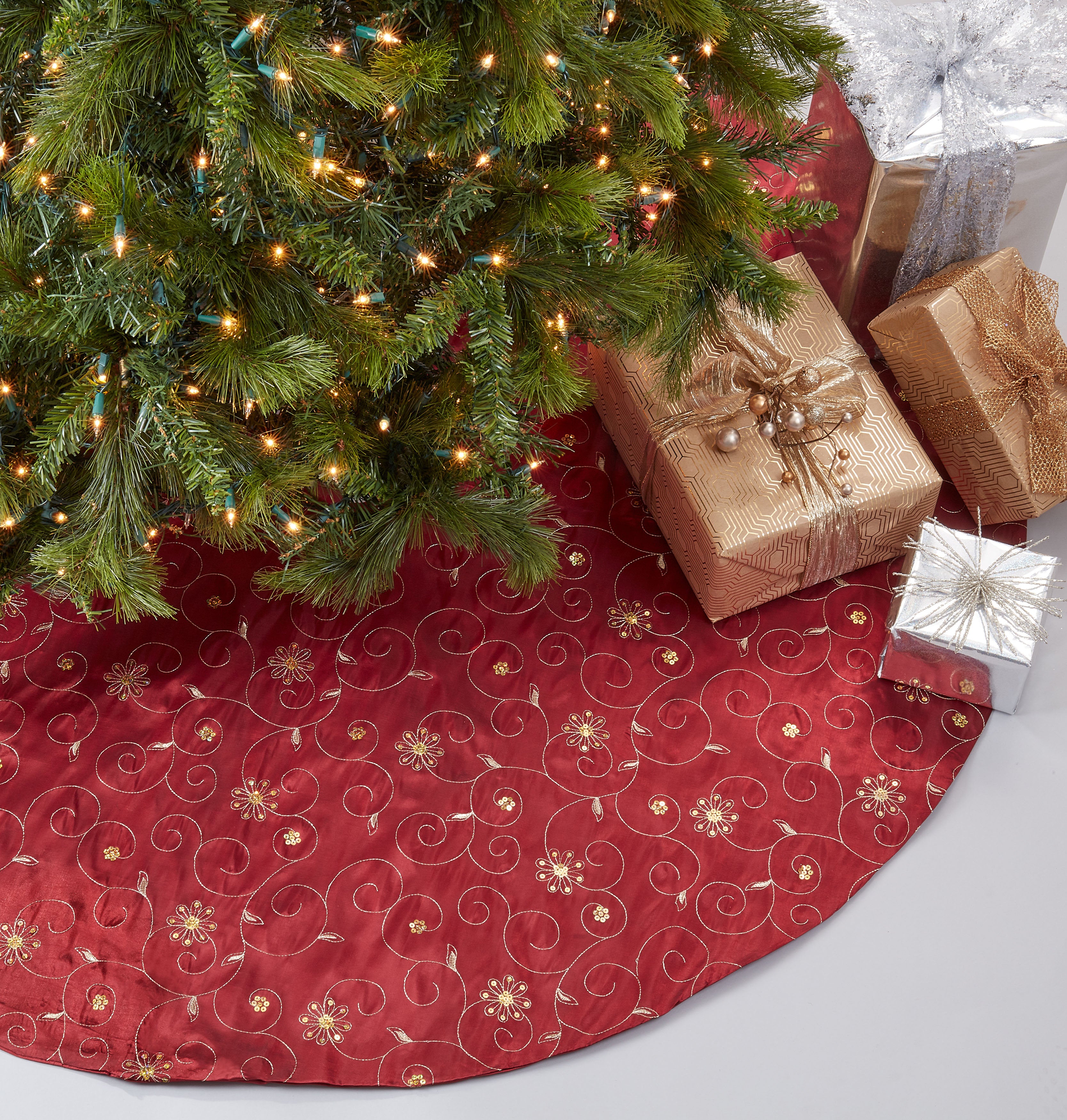 72-Inch Burgundy Floral Christmas Tree Skirt - Holiday Decor