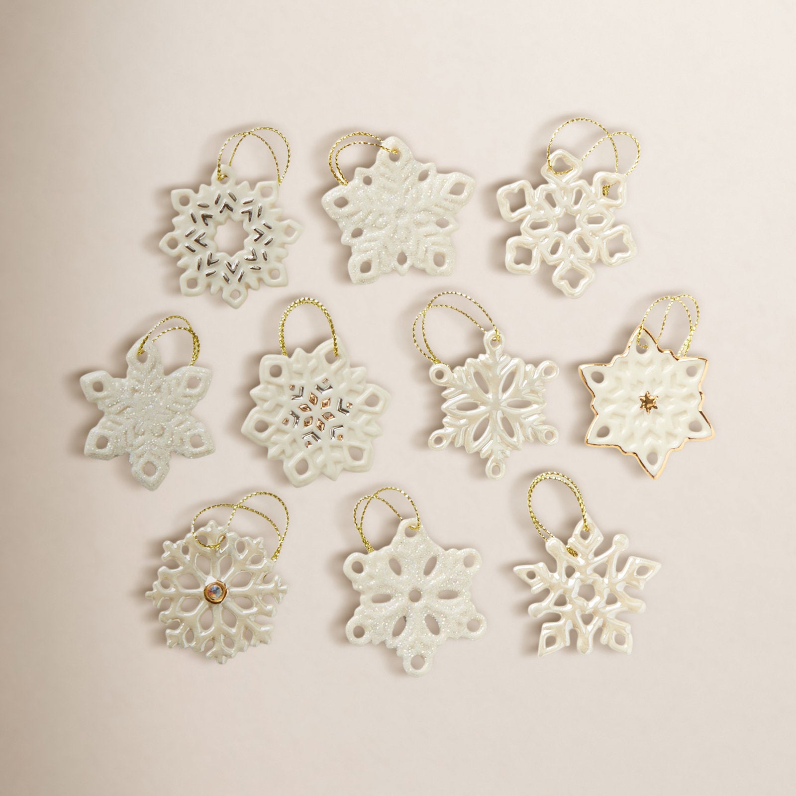 10-Piece Snowflake Ornament Set - Porcelain Holiday Tree Decor