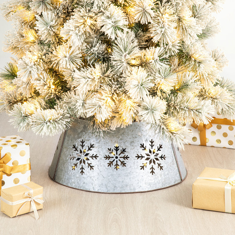 Pre-Lit Metal Christmas Tree Collar - Galvanized Silver Snowflake