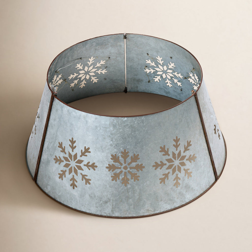 Pre-Lit Metal Christmas Tree Collar - Galvanized Silver Snowflake