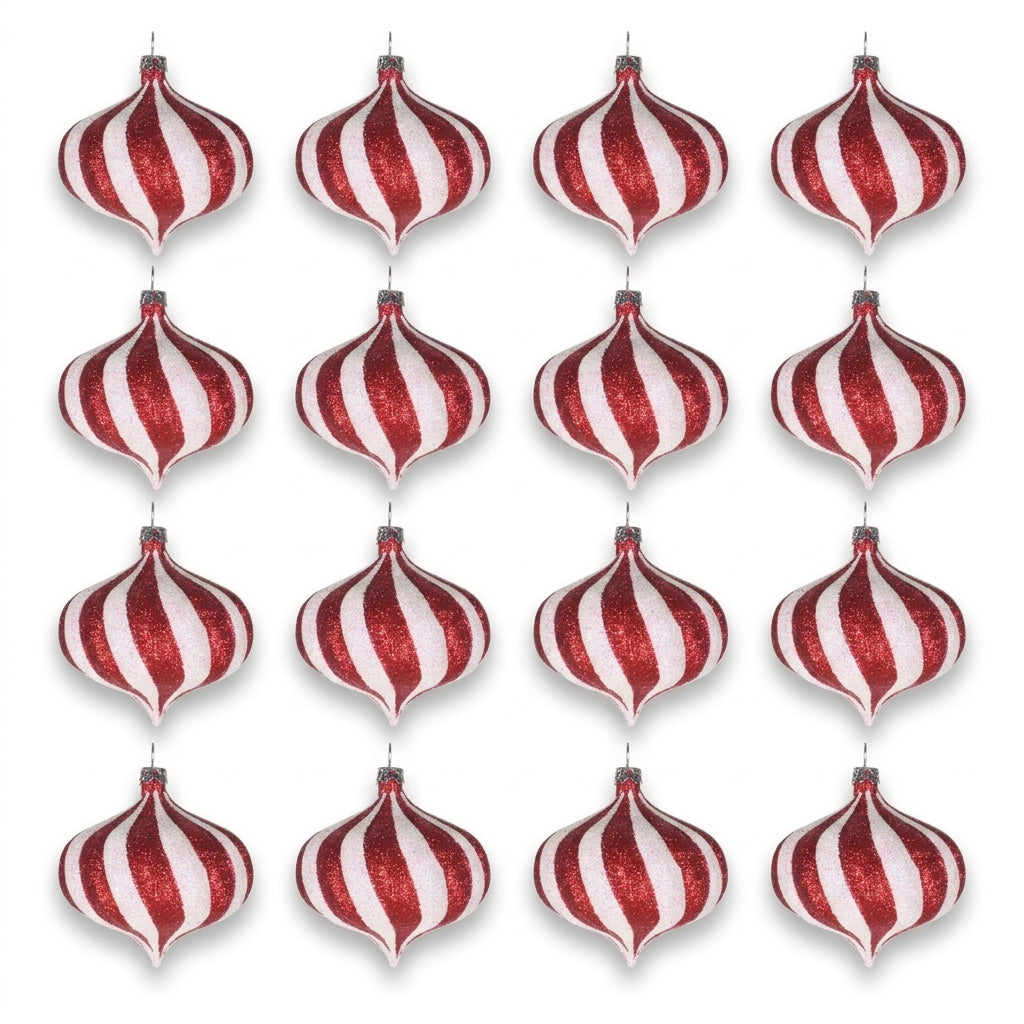12pc Red and White Glitter Striped Onion Ornaments for Christmas